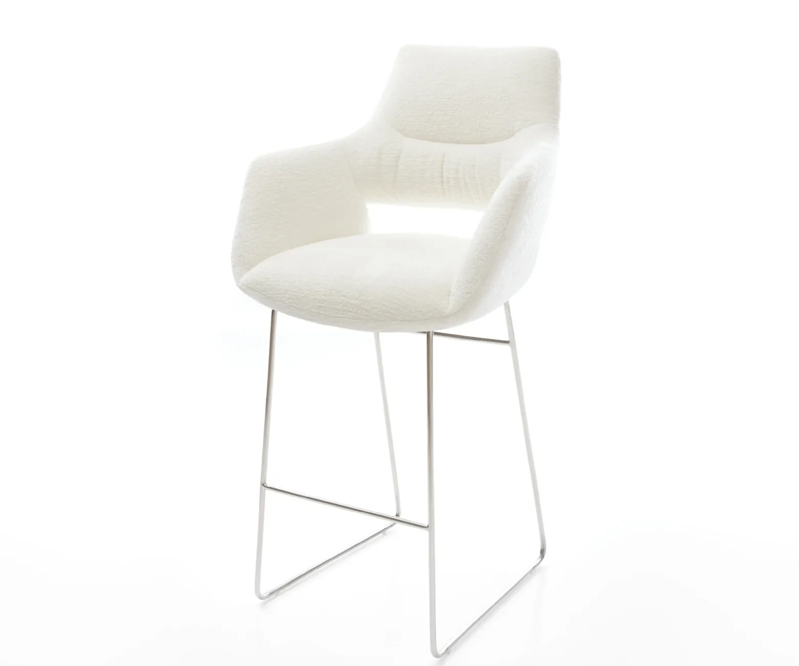 BarstuhlYago-Flex Bouclé Soft Beige Kufengestell Edelstahl Silberfarben Taschenfederkern Sofort versandfertig