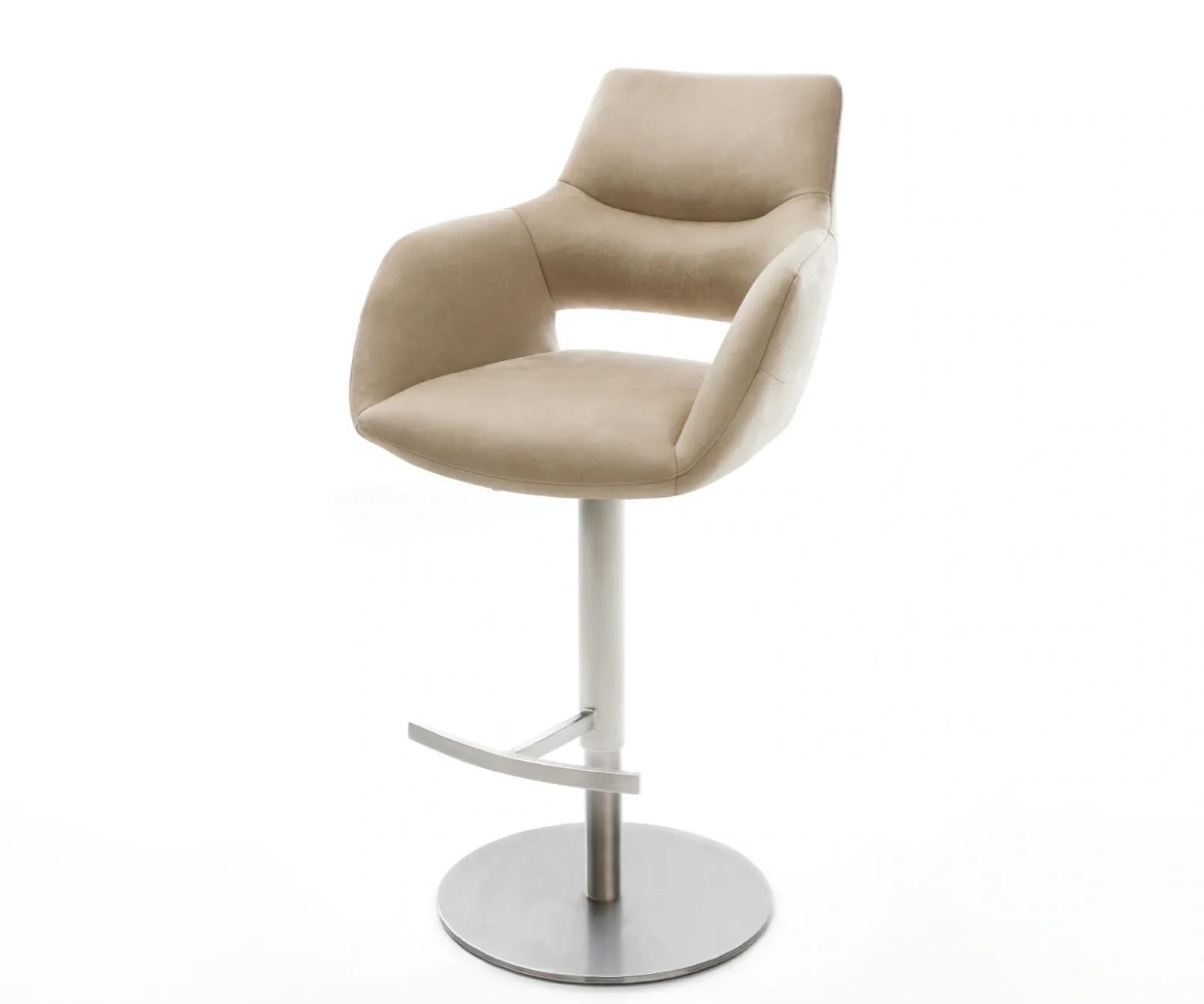 BarstuhlYago-Flex Mikrofaser Beige Vintage Drehfuß höhenverstellbar Edelstahl Silberfarben Taschenfederkern Sofort versandfertig