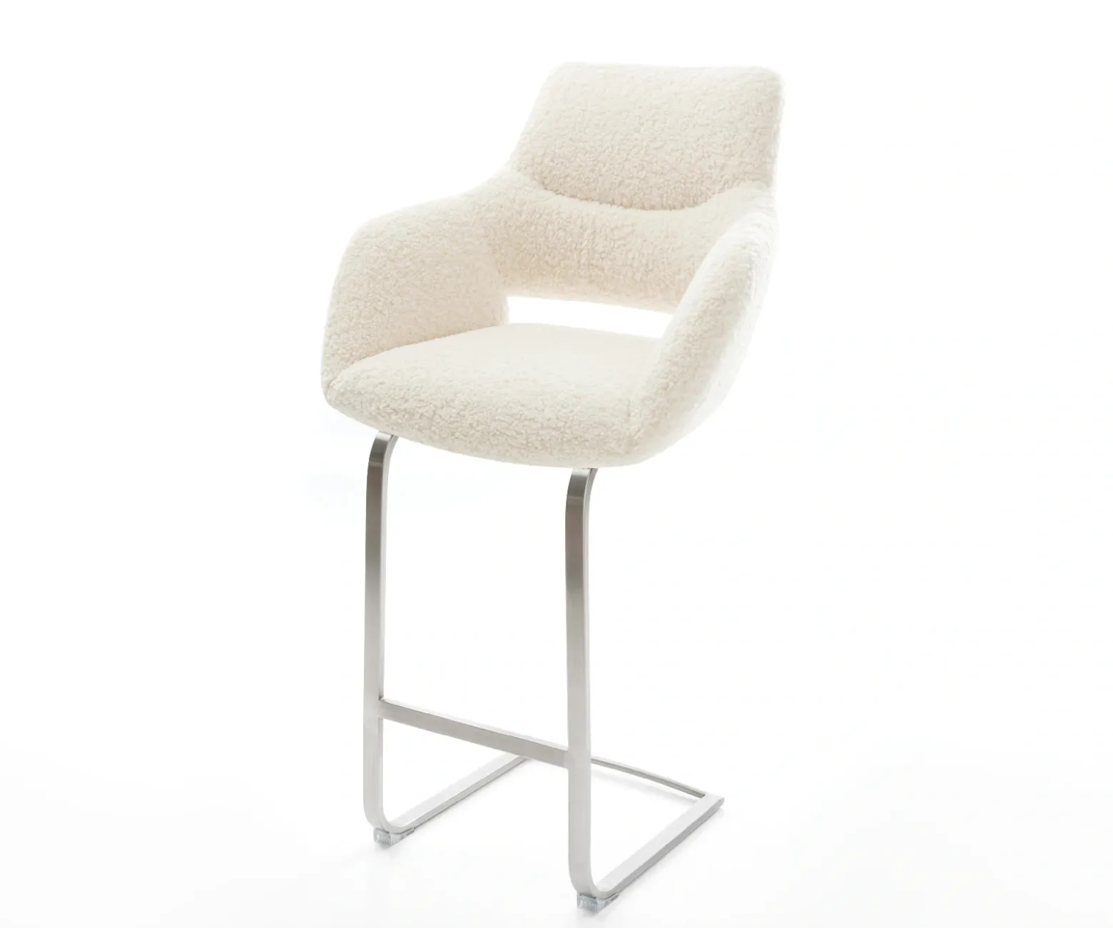 BarstuhlYago-Flex Teddystoff Beige Freischwinger Flach Edelstahl Silberfarben Taschenfederkern Sofort versandfertig