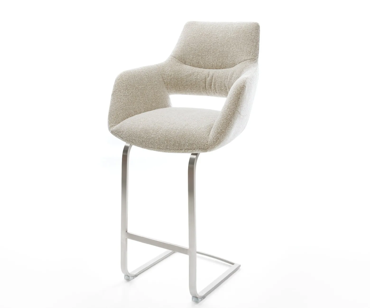 BarstuhlYago-Flex Webstoff Soft Beige Freischwinger Flach Edelstahl Silberfarben Taschenfederkern Sofort versandfertig