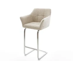 BarstuhlYulo-Flex Webstoff Soft Beige Freischwinger Flach Edelstahl Silberfarben Sofort versandfertig