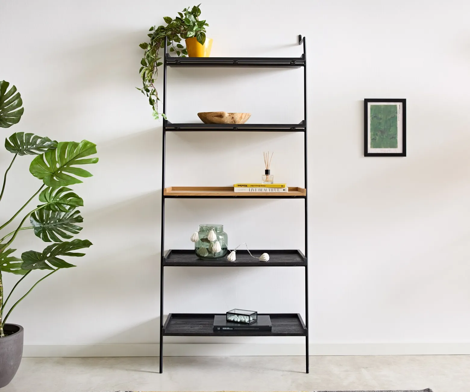 BücherregalMikkusu 80x185 cm Bambus Natur Mango Schwarz 5 Ablagen Metall Schwarz Versandfertig ca. 05.11.26