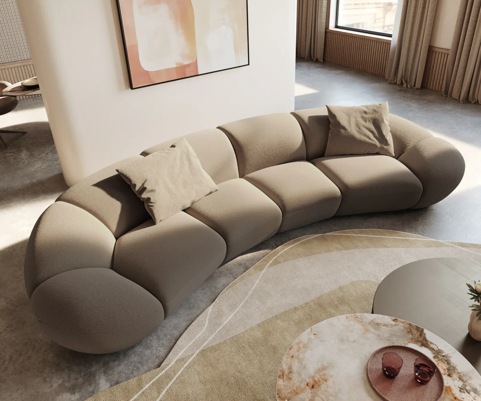 Big-SofaLunna 360x175 cm Fein Bouclé Taupe 2 Kissen Sofort versandfertig