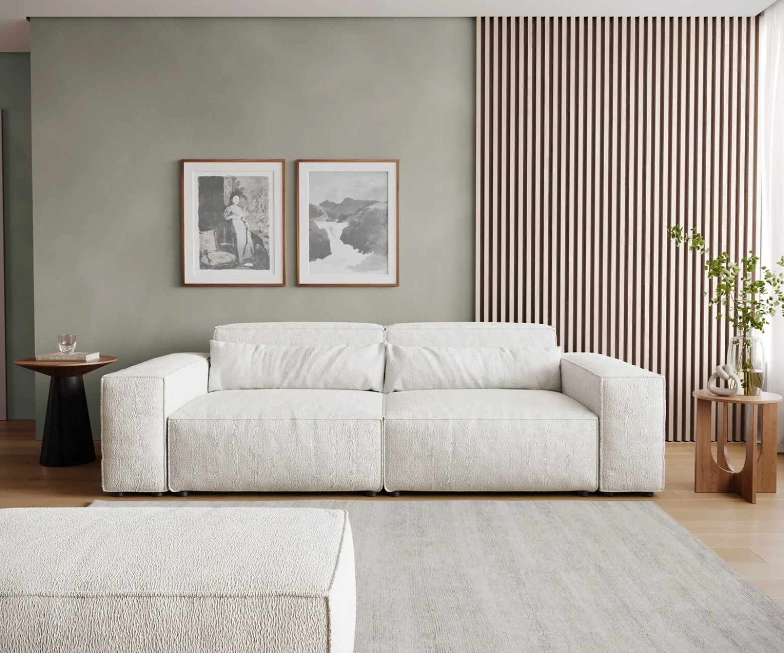 Big-SofaSirpio 230x95 cm Bouclé Creme-Weiß mit Hocker Sofort versandfertig