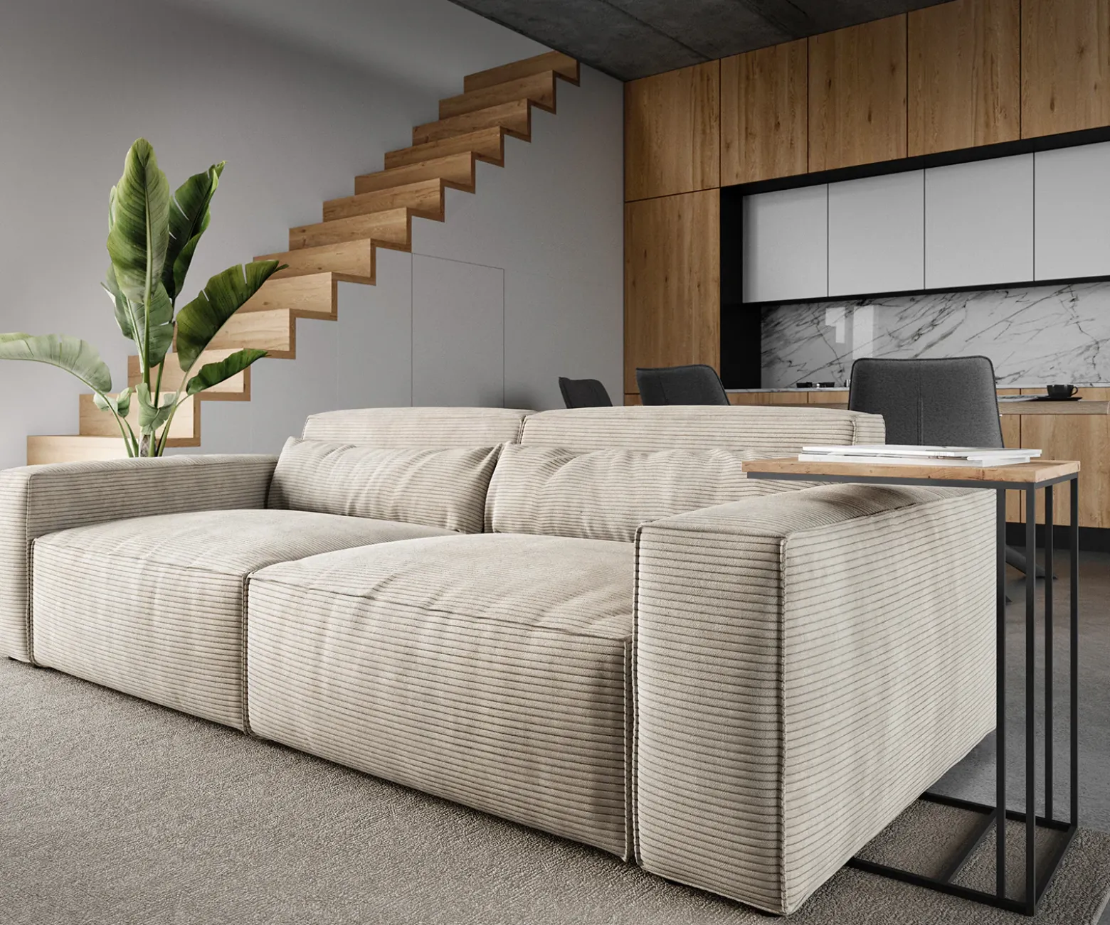 Big-SofaSirpio 230x95 cm Cord Beige mit Hocker Sofort versandfertig