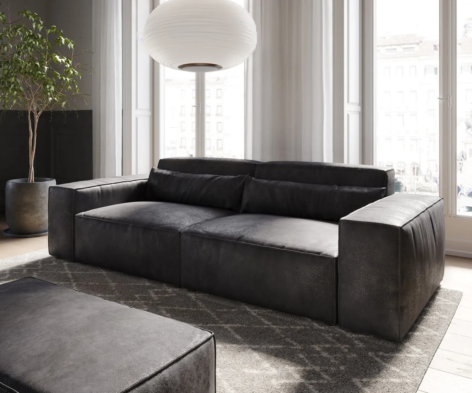 Big-SofaSirpio 230x95 cm Lederimitat Vintage Anthrazitmit Hocker Sofort versandfertig
