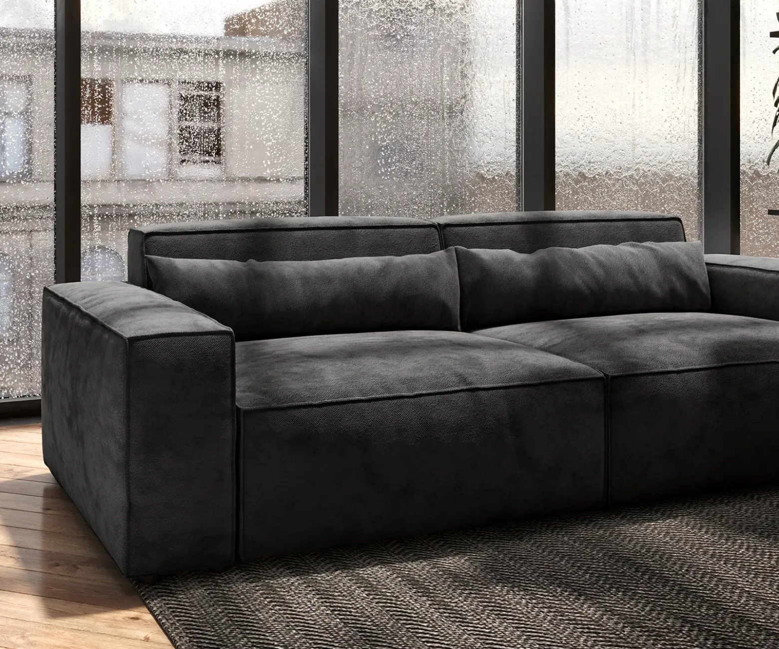 Big-SofaSirpio 230x95 cm Mikrofaser Schwarz mit Hocker Sofort versandfertig