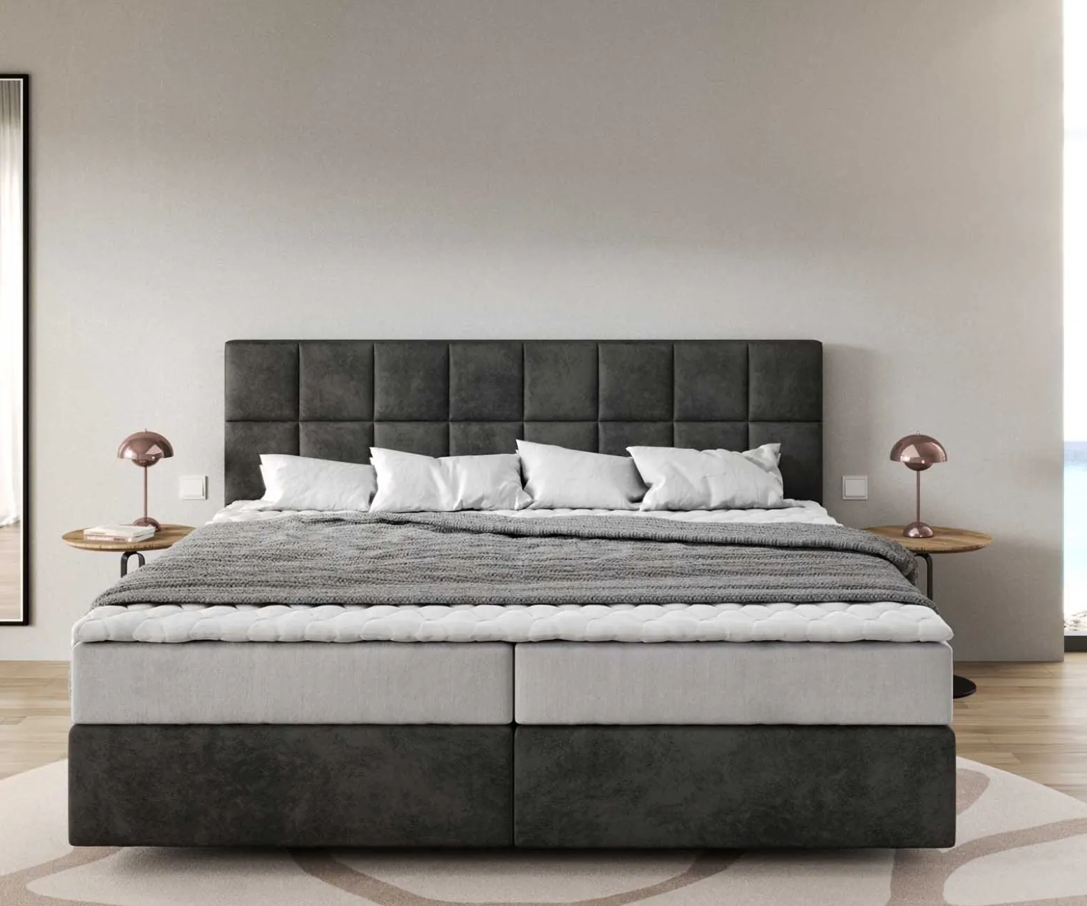 BoxspringbettDream-Fine Mikrofaser Anthrazit Vintage 200x200 cm mit Taschenfederkernmatratze und Topper Visco Sofort versandfertig