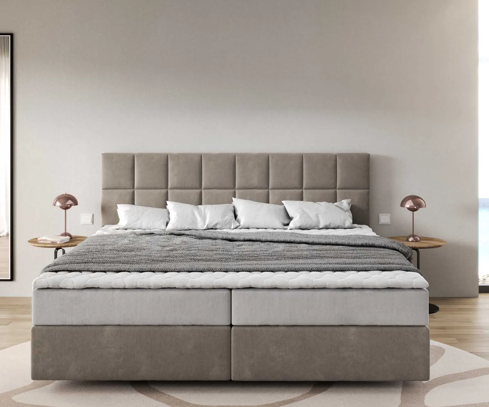 BoxspringbettDream-Fine Mikrofaser Beige 200x200 cm mit Taschenfederkernmatratze und Topper Visco Sofort versandfertig