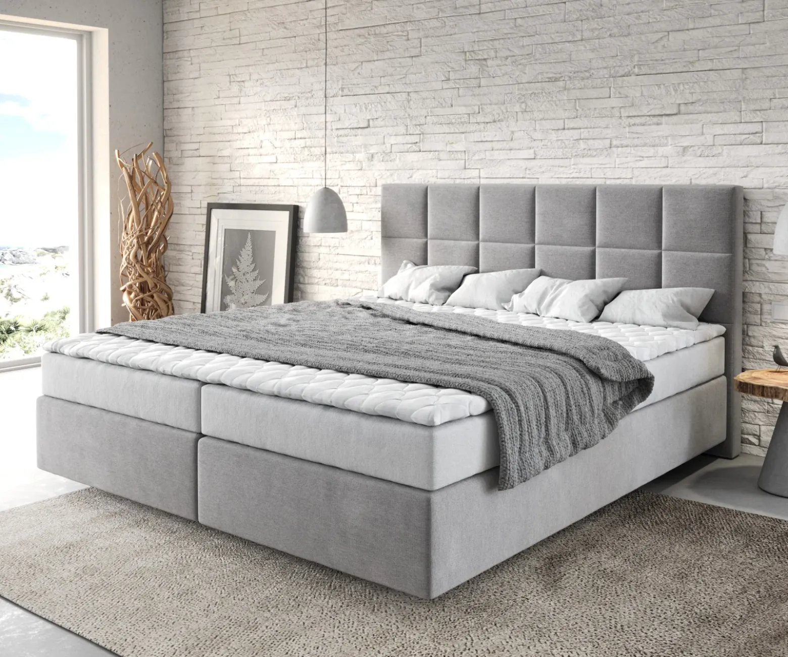 BoxspringbettDream-Fine 180x200 cm Mikrofaser Grau mit Matratze und Topper Sofort versandfertig