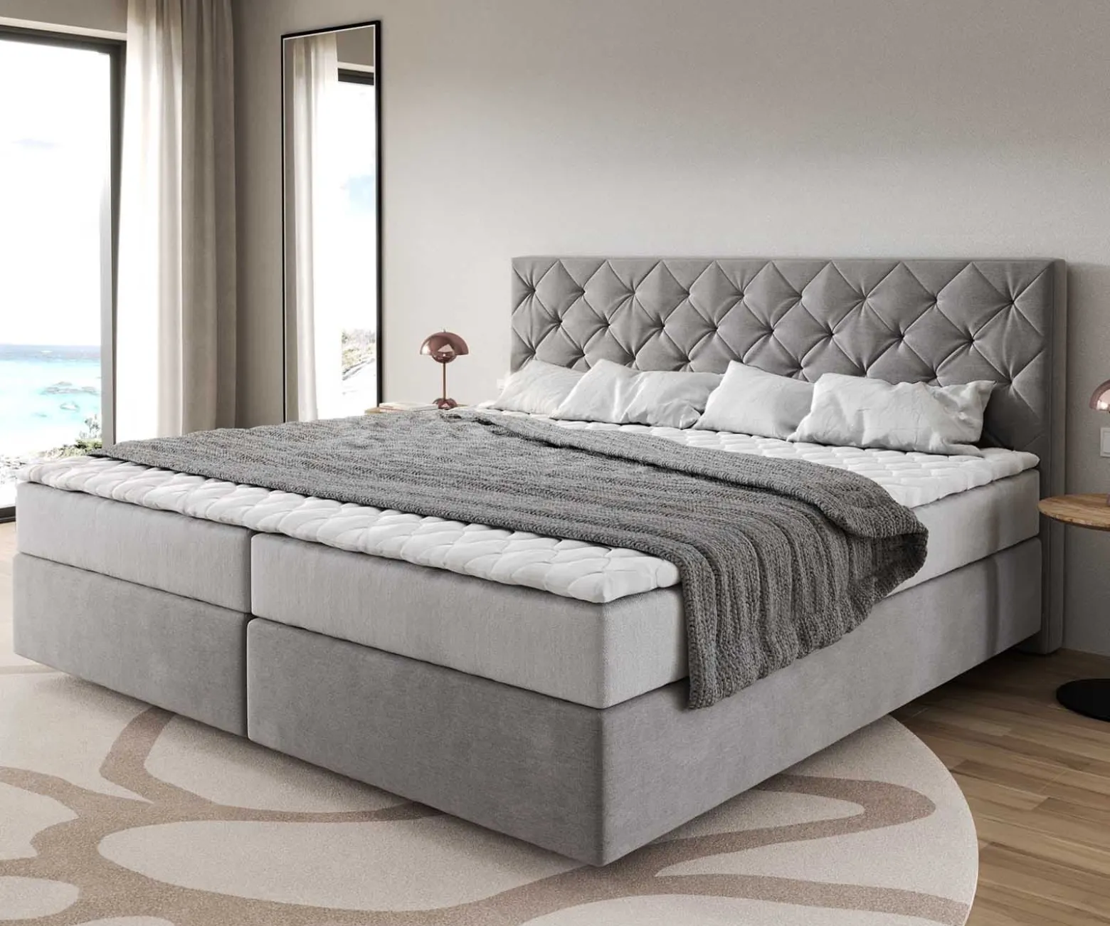 BoxspringbettDream-Great Mikrofaser Grau 200x200 cm mit Taschenfederkernmatratze und Topper Visco Sofort versandfertig