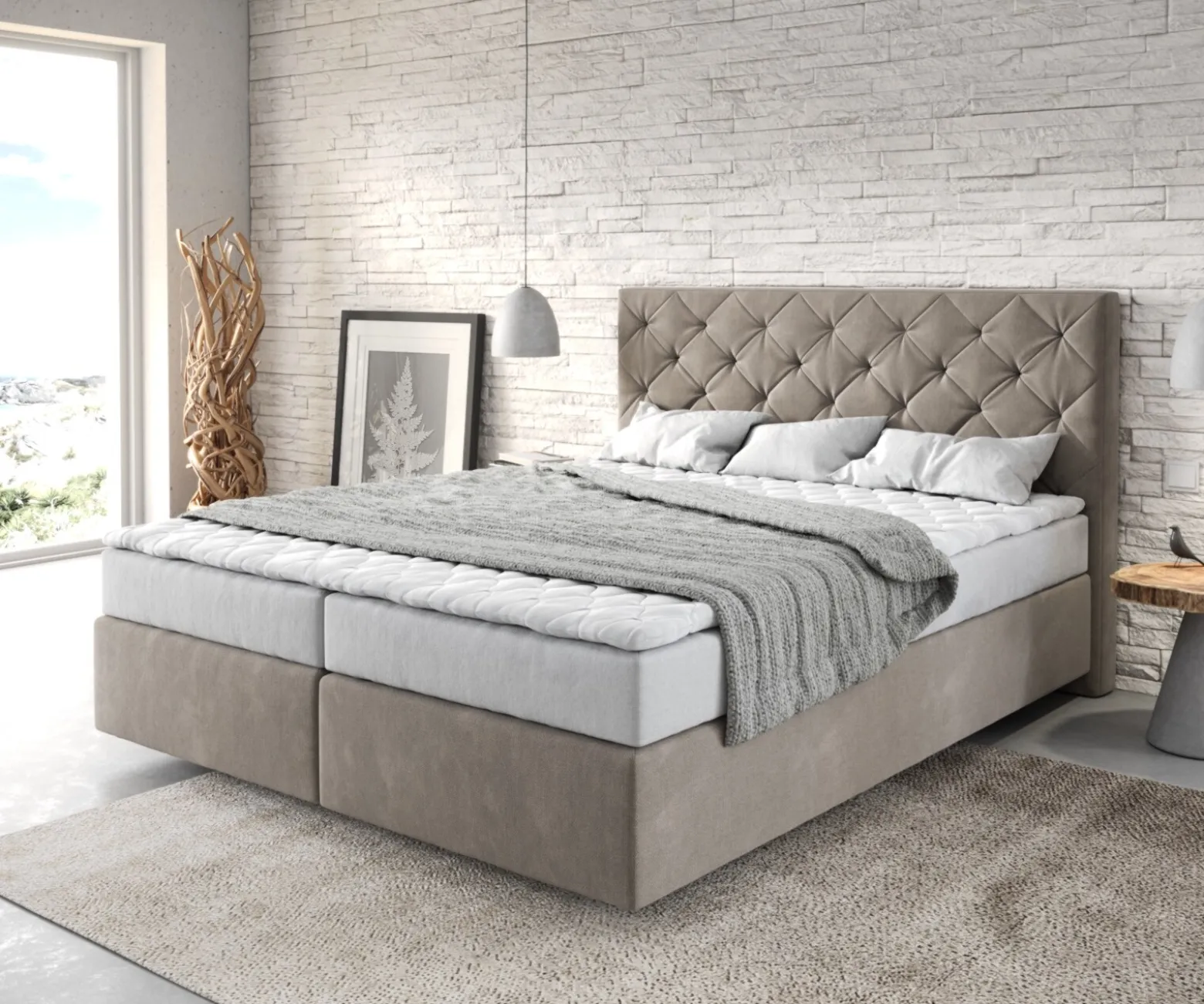 BoxspringbettDream-Great 160x200 cm Mikrofaser Beige mit Matratze und Topper Sofort versandfertig