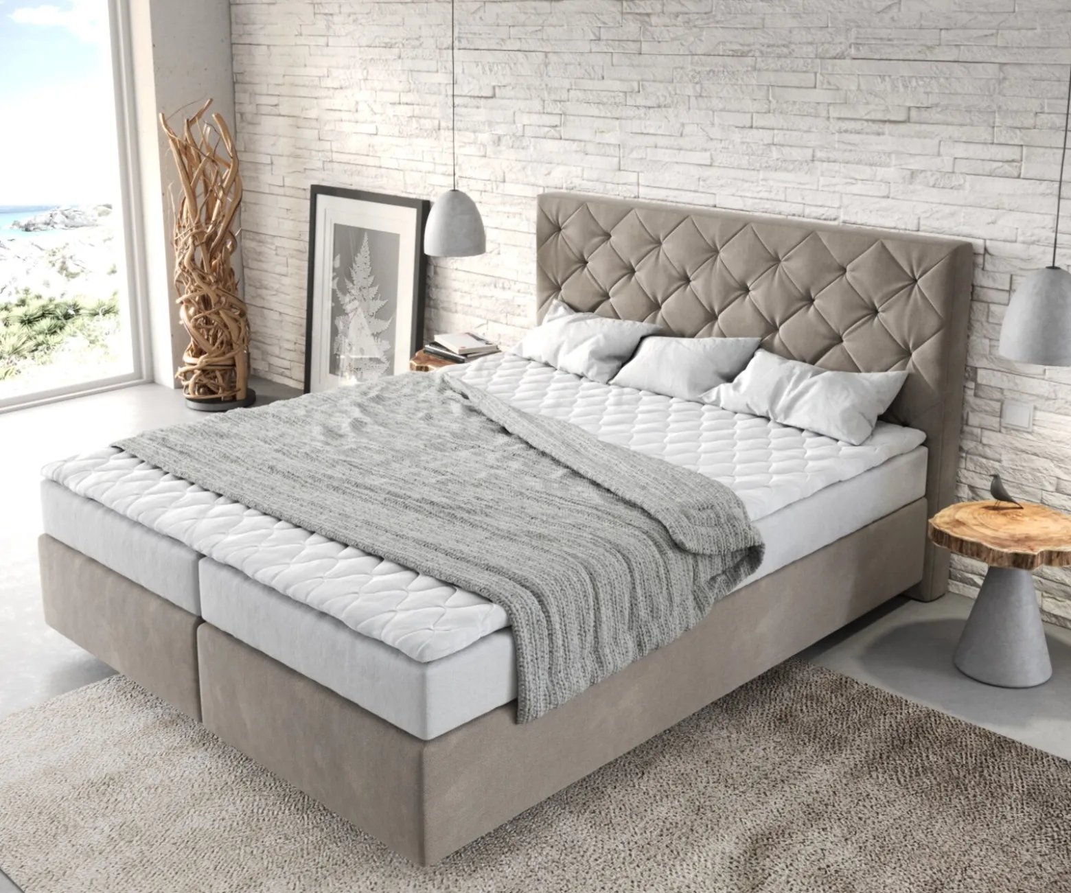 BoxspringbettDream-Great 160x200 cm Mikrofaser Beige mit Matratze und Topper Sofort versandfertig