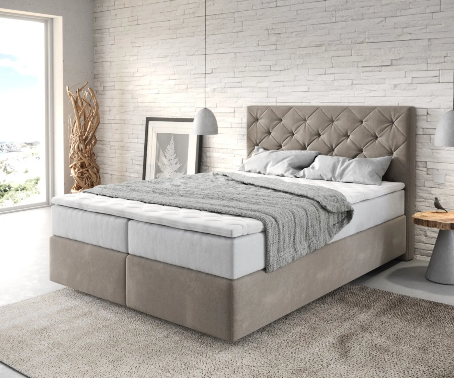 BoxspringbettDream-Great 140x200 cm Mikrofaser Beige mit TFK Matratze und Visco Topper Sofort versandfertig