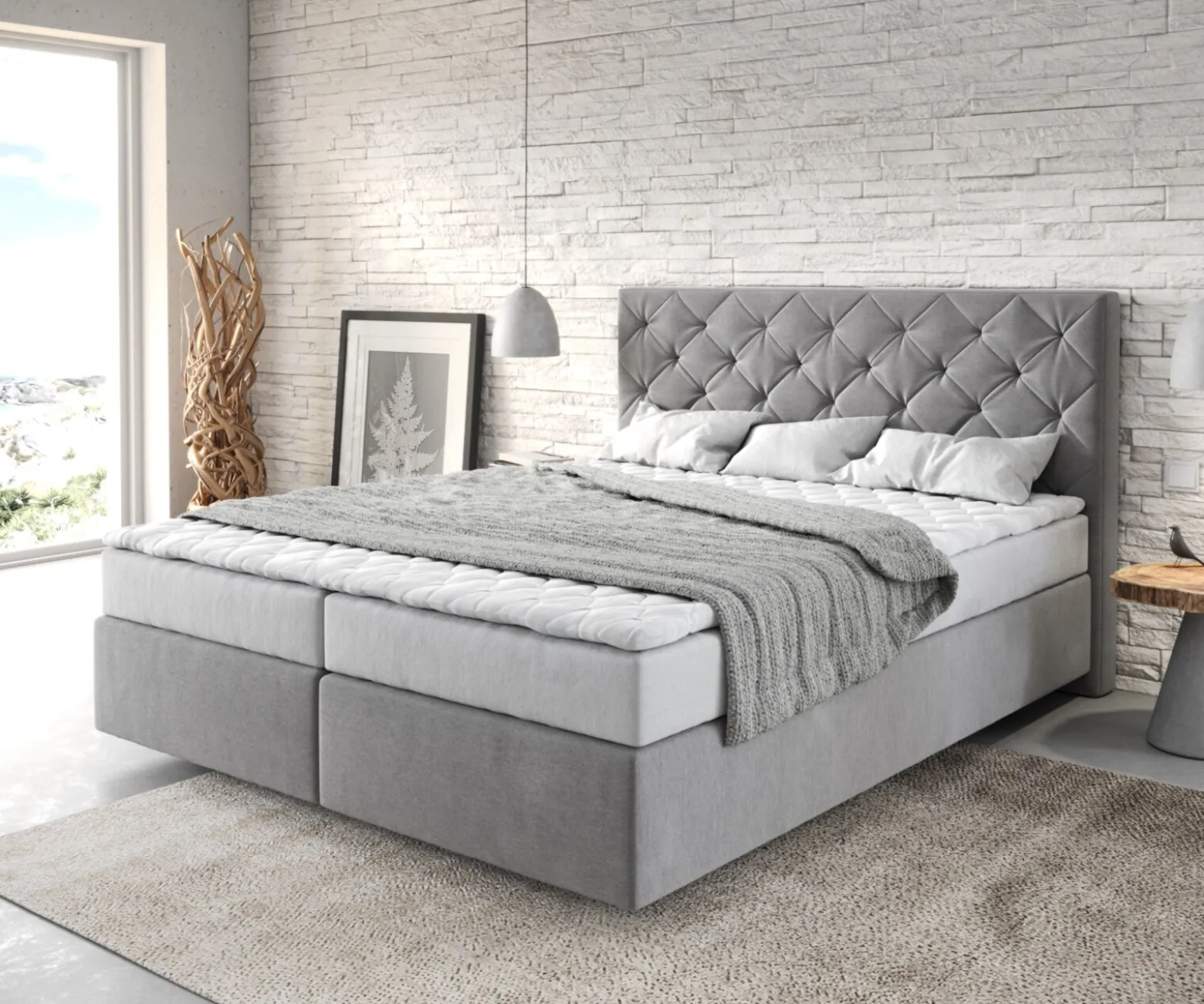 BoxspringbettDream-Great 160x200 cm Mikrofaser Grau mit Matratze und Topper Sofort versandfertig