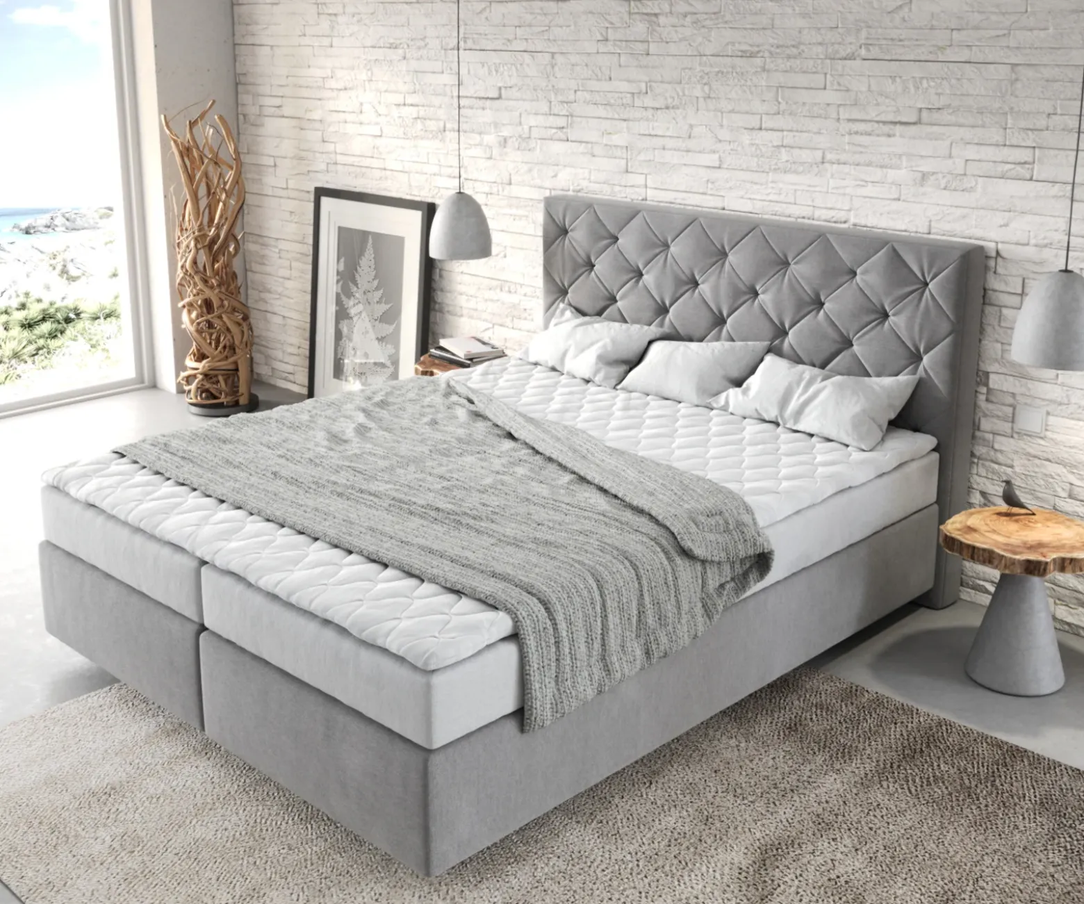 BoxspringbettDream-Great 160x200 cm Mikrofaser Grau mit Matratze und Topper Sofort versandfertig