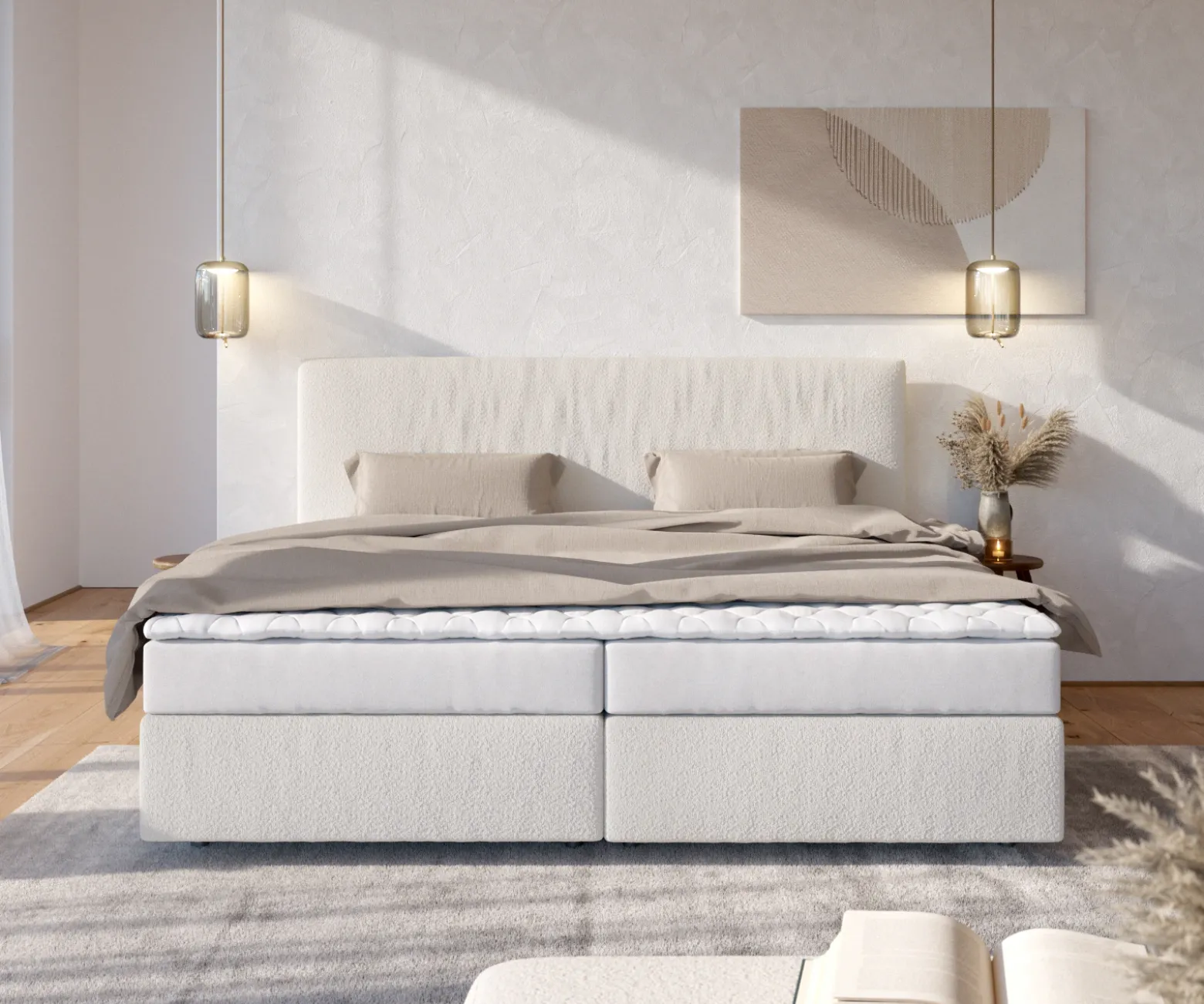 BoxspringbettDream-Well Bouclé Creme-Weiß 200x200 cm Bonell-Matratze PU-Topper Sofort versandfertig