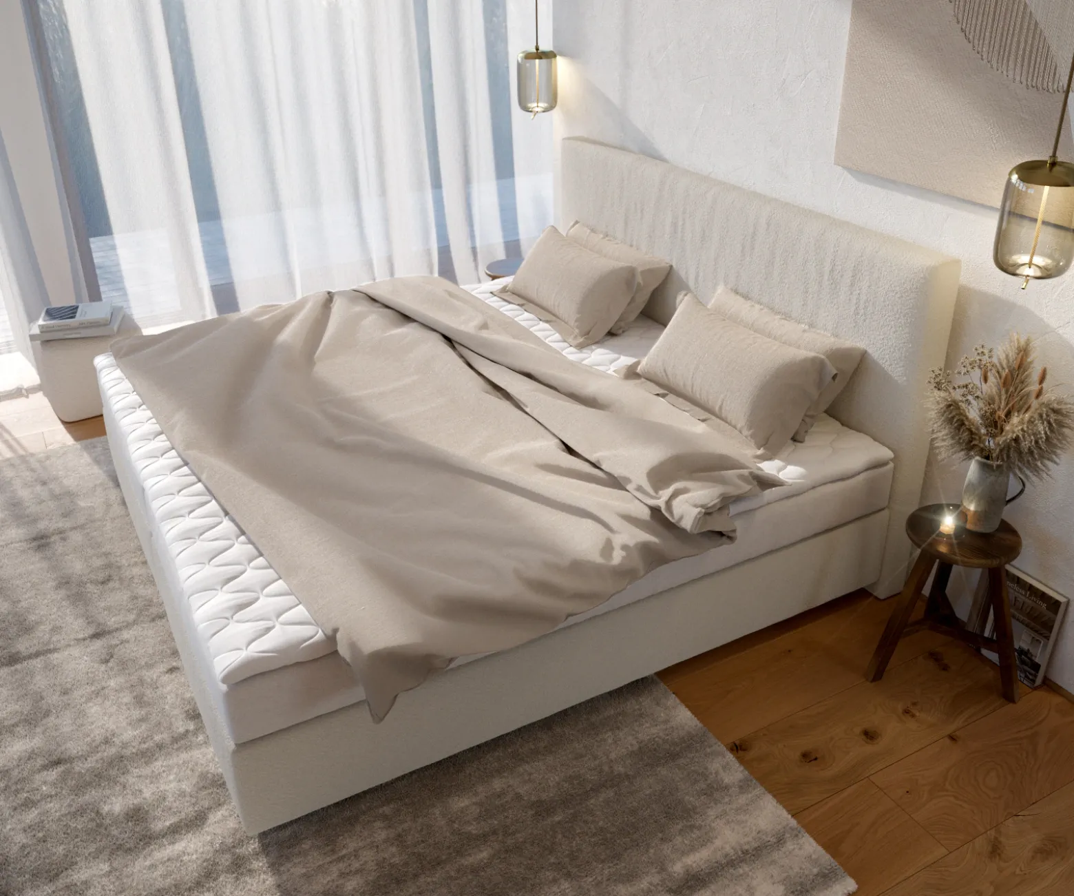 BoxspringbettDream-Well Bouclé Creme-Weiß 200x200 cm Bonell-Matratze PU-Topper Sofort versandfertig