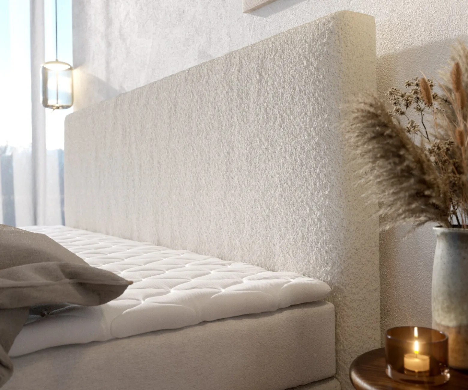 BoxspringbettDream-Well Bouclé Creme-Weiß 200x200 cm Bonell-Matratze PU-Topper Sofort versandfertig