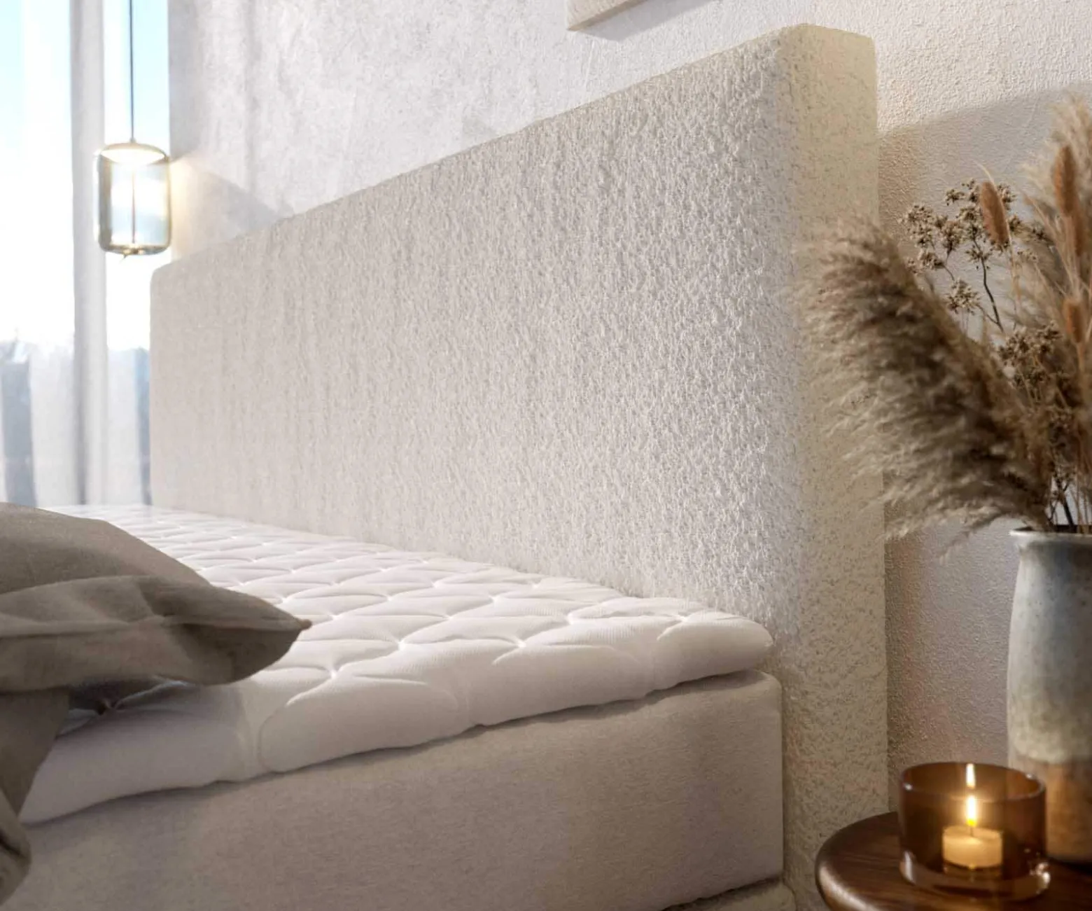 BoxspringbettDream-Well Bouclé Creme-Weiß 200x200 cm mit Taschenfederkernmatratze und Topper Visco Sofort versandfertig