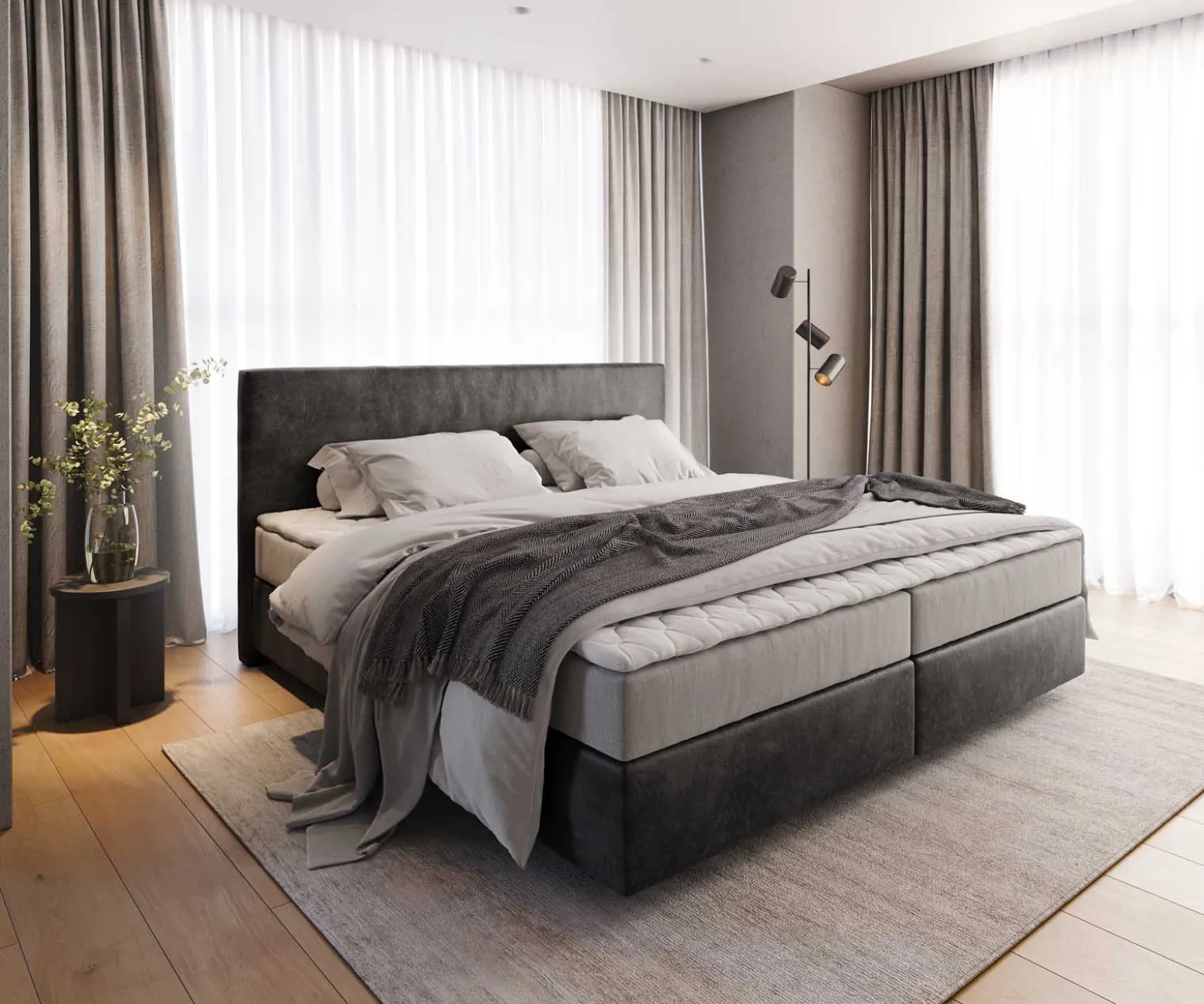 BoxspringbettDream-Well Mikrofaser Anthrazit Vintage 200x200 cm mit Taschenfederkernmatratze und Topper Visco Sofort versandfertig