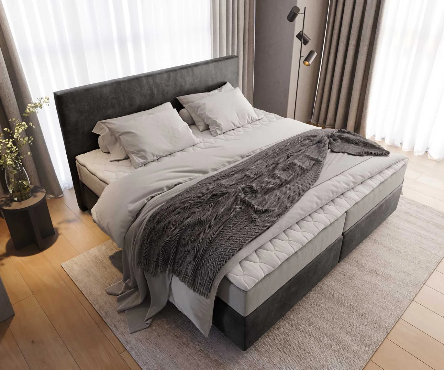BoxspringbettDream-Well Mikrofaser Anthrazit Vintage 200x200 cm mit Taschenfederkernmatratze und Topper Visco Sofort versandfertig