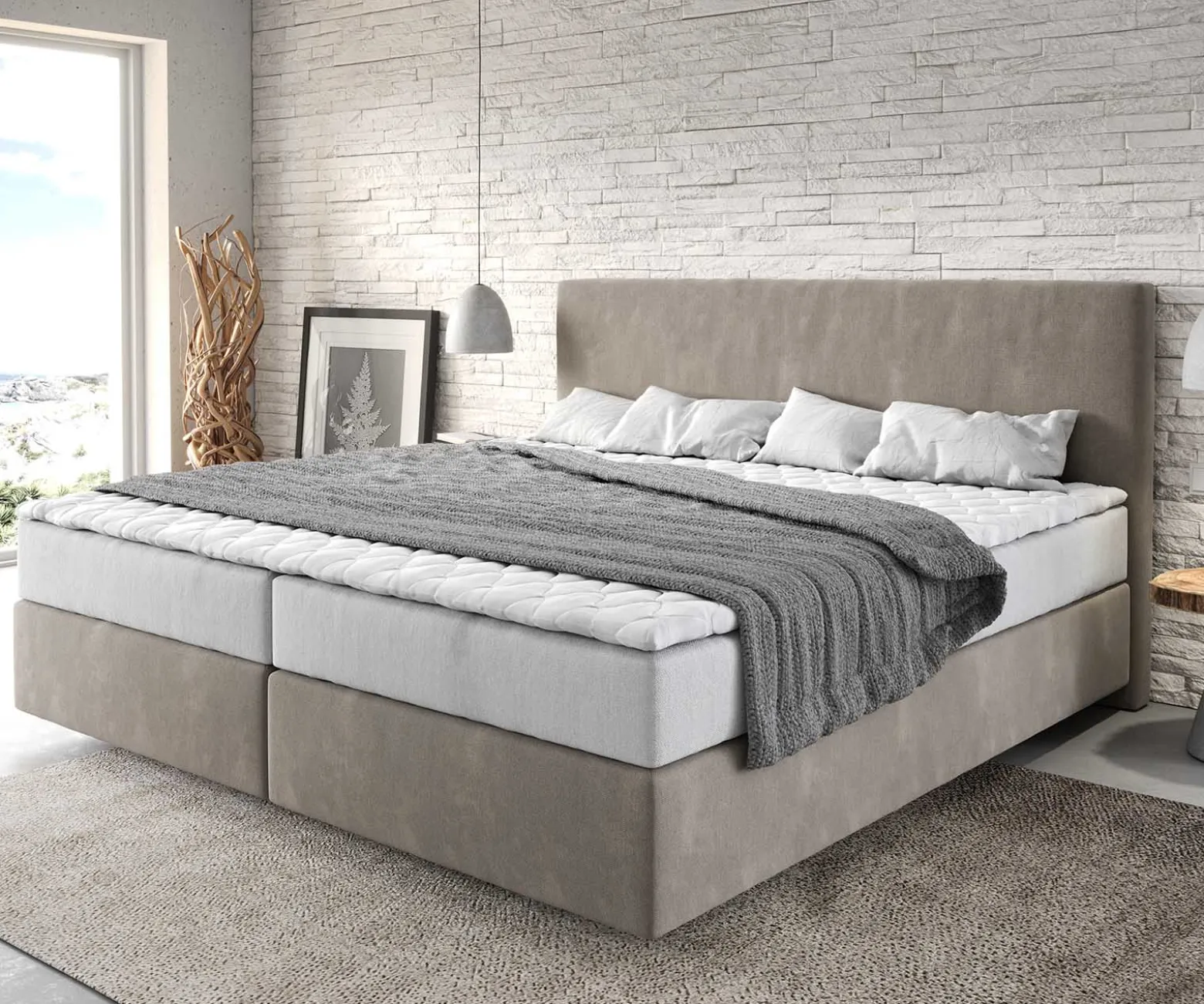 BoxspringbettDream-Well Mikrofaser Beige 200x200 cm mit Taschenfederkernmatratze und Topper Visco Sofort versandfertig
