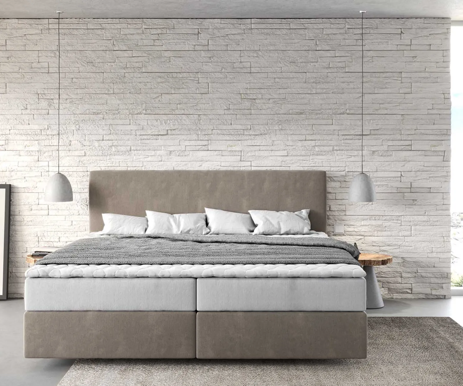 BoxspringbettDream-Well Mikrofaser Beige 200x200 cm mit Taschenfederkernmatratze und Topper Visco Sofort versandfertig