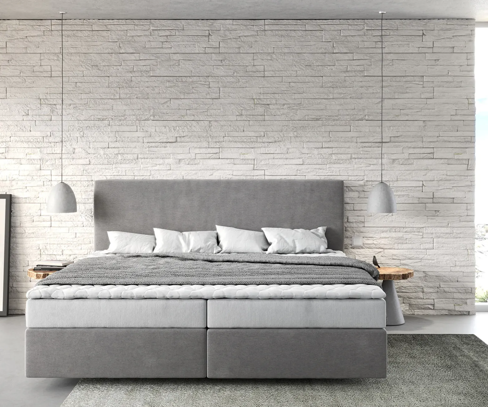 BoxspringbettDream-Well Mikrofaser Grau 200x200 cm Bonell-Matratze PU-Topper Sofort versandfertig