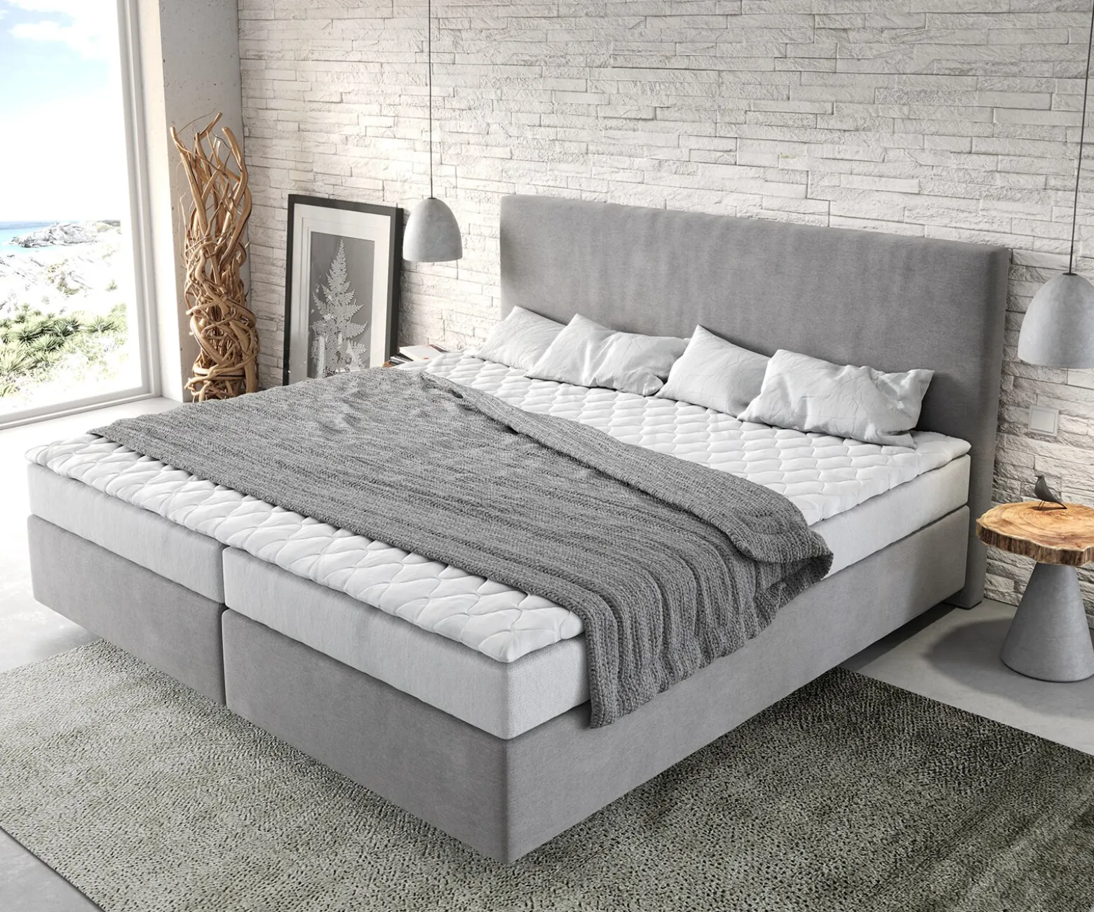 BoxspringbettDream-Well Mikrofaser Grau 200x200 cm Bonell-Matratze PU-Topper Sofort versandfertig