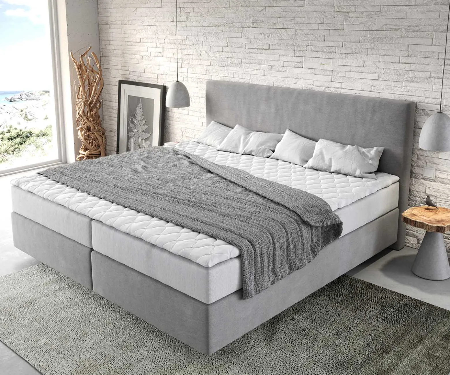 BoxspringbettDream-Well Mikrofaser Grau 200x200 cm mit Taschenfederkernmatratze und Topper Visco Sofort versandfertig