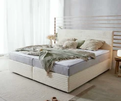 BoxspringbettDream-Well Plüsch-Cord Beige 200x200 cm mit Taschenfederkernmatratze und Topper Visco Sofort versandfertig