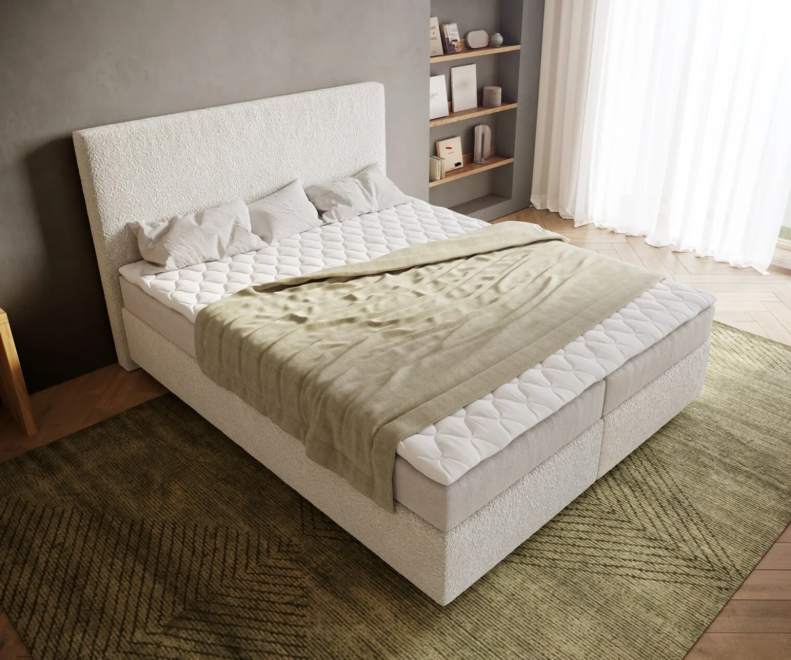 BoxspringbettDream-Well 160x200 cm Bouclé Creme-Weiß mit Matratze und Topper Sofort versandfertig