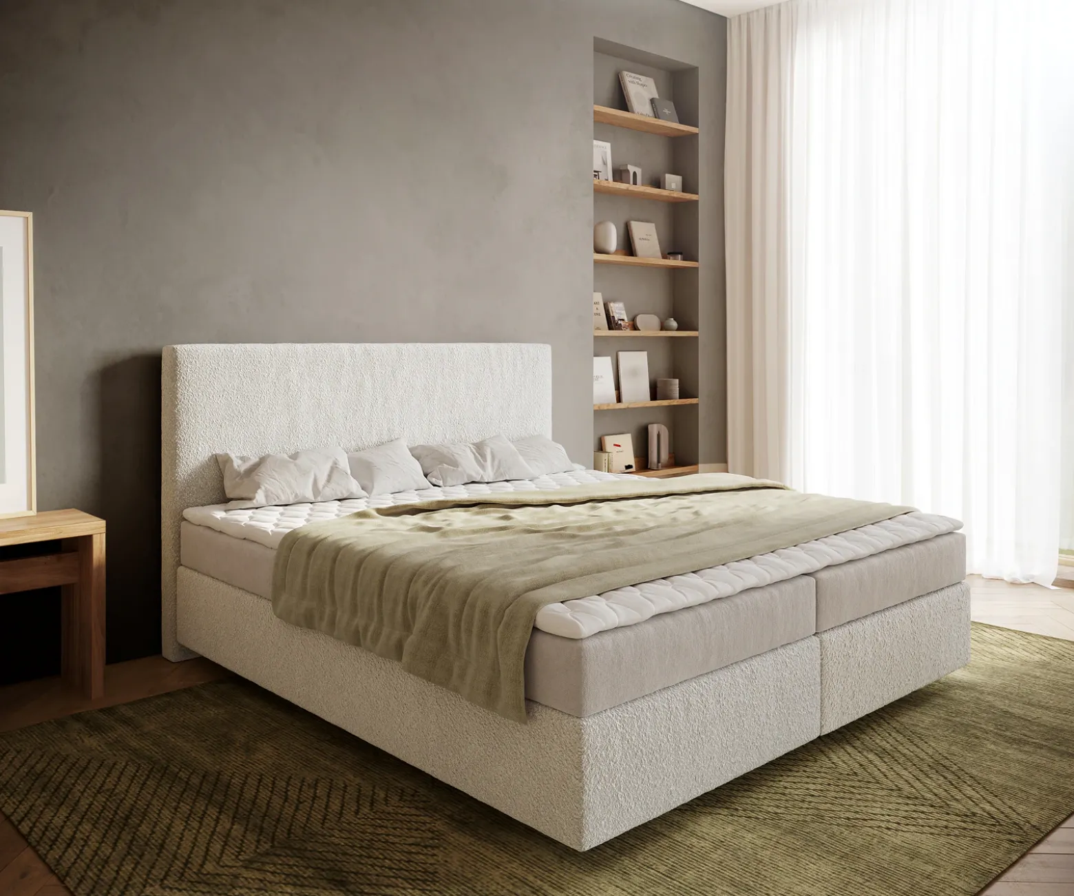 BoxspringbettDream-Well 180x200 cm Bouclé Creme-Weiß mit Matratze und Topper Sofort versandfertig