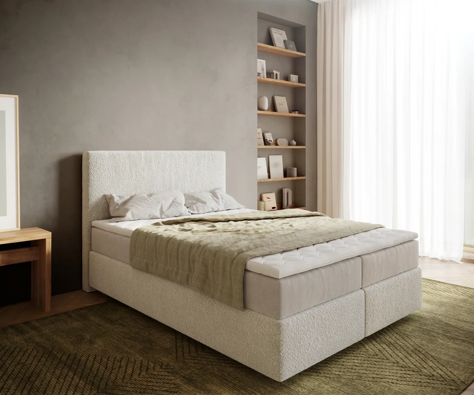 BoxspringbettDream-Well 140x200 cm Bouclé Creme-Weiß mit Taschenfederkernmatratze und Topper Visco Sofort versandfertig