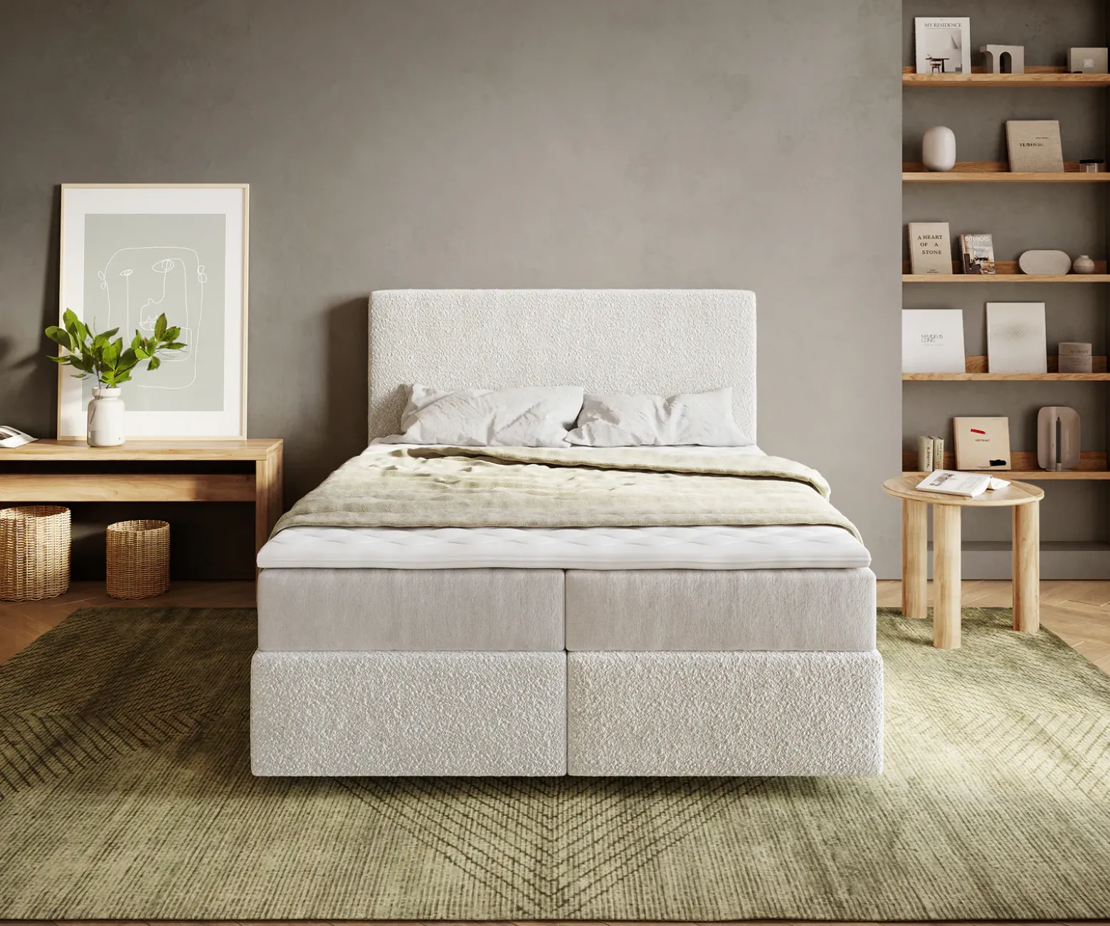 BoxspringbettDream-Well 140x200 cm Bouclé Creme-Weiß mit Taschenfederkernmatratze und Topper Visco Sofort versandfertig