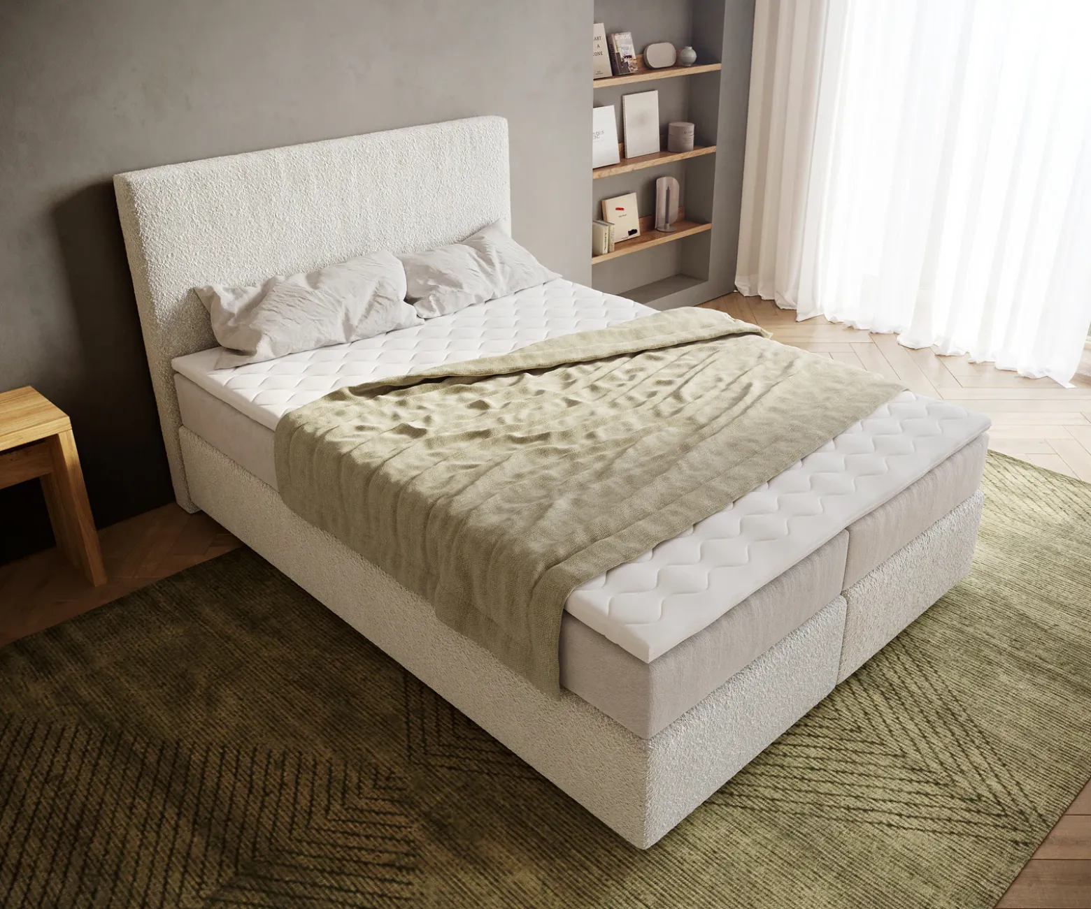 BoxspringbettDream-Well 140x200 cm Bouclé Creme-Weiß mit Taschenfederkernmatratze und Topper Visco Sofort versandfertig