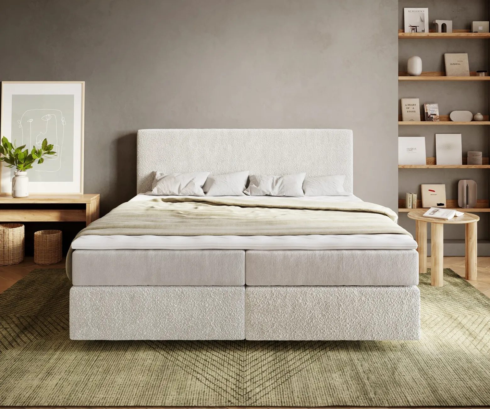 BoxspringbettDream-Well 180x200 cm Bouclé Creme-Weiß mit Taschenfederkernmatratze und Topper Visco Sofort versandfertig