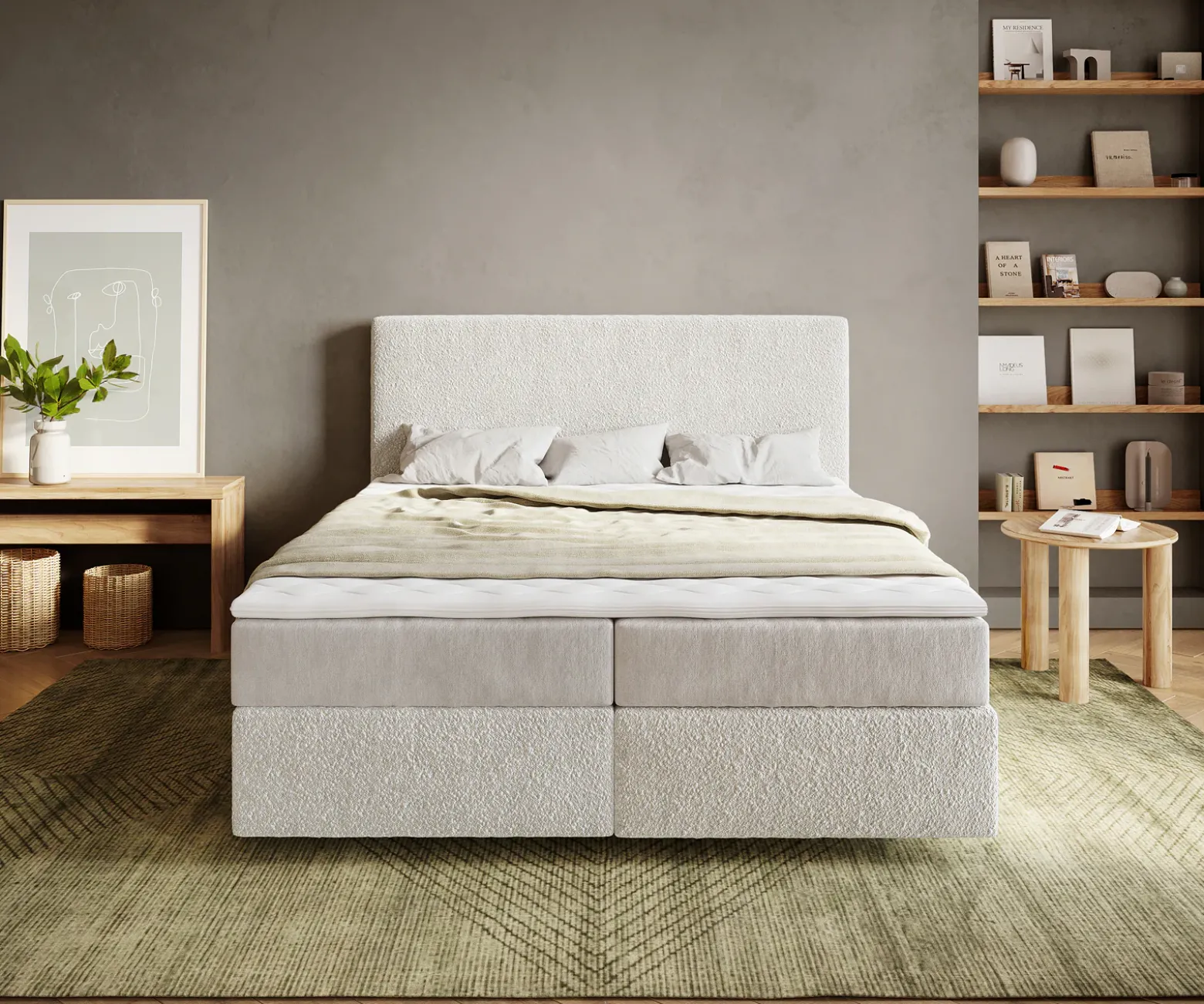 BoxspringbettDream-Well 160x200 cm Bouclé Creme-Weiß mit Taschenfederkernmatratze und Topper Visco Sofort versandfertig