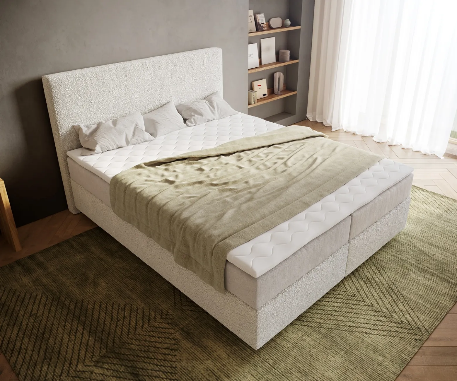 BoxspringbettDream-Well 160x200 cm Bouclé Creme-Weiß mit Taschenfederkernmatratze und Topper Visco Sofort versandfertig