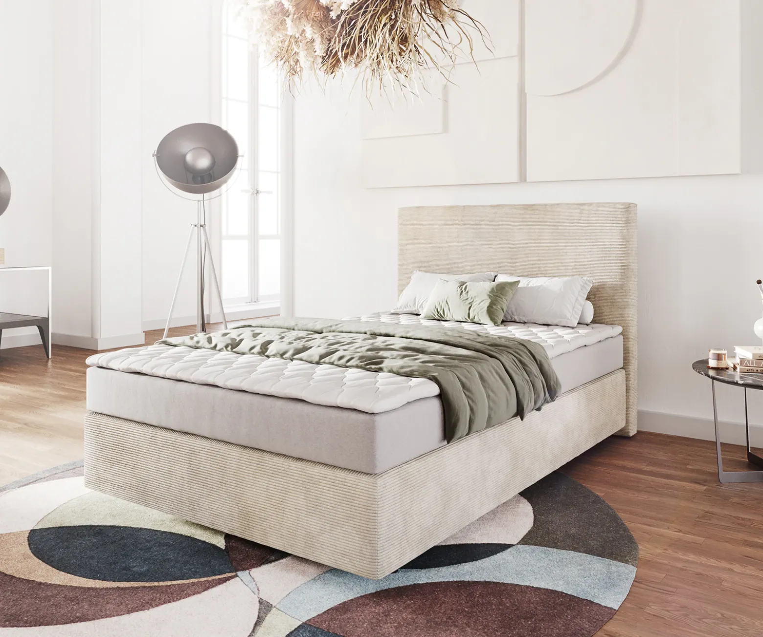 BoxspringbettDream-Well 120x200 cm Cord Beige mit Matratze und Topper Sofort versandfertig