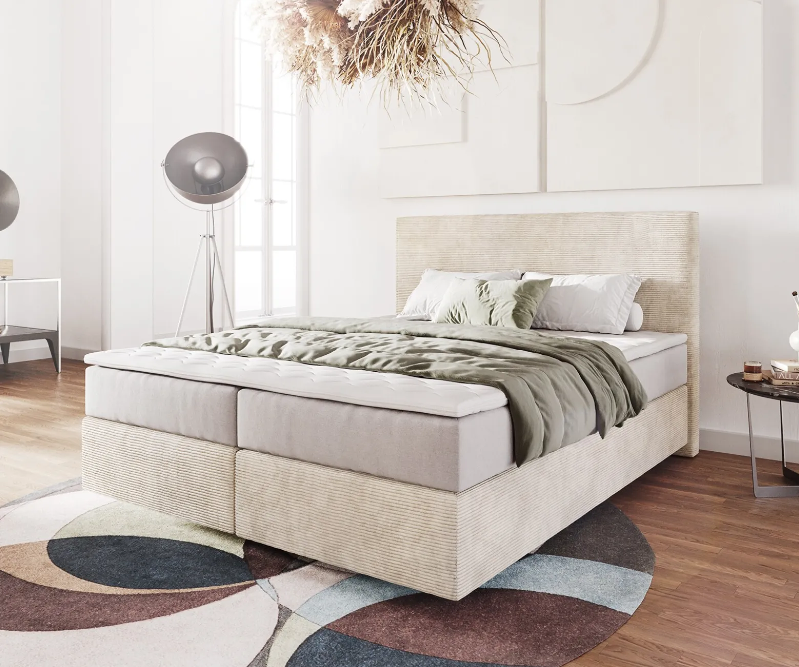 BoxspringbettDream-Well 160x200 cm Cord Beige mit Taschenfederkernmatratze und Topper Visco Sofort versandfertig