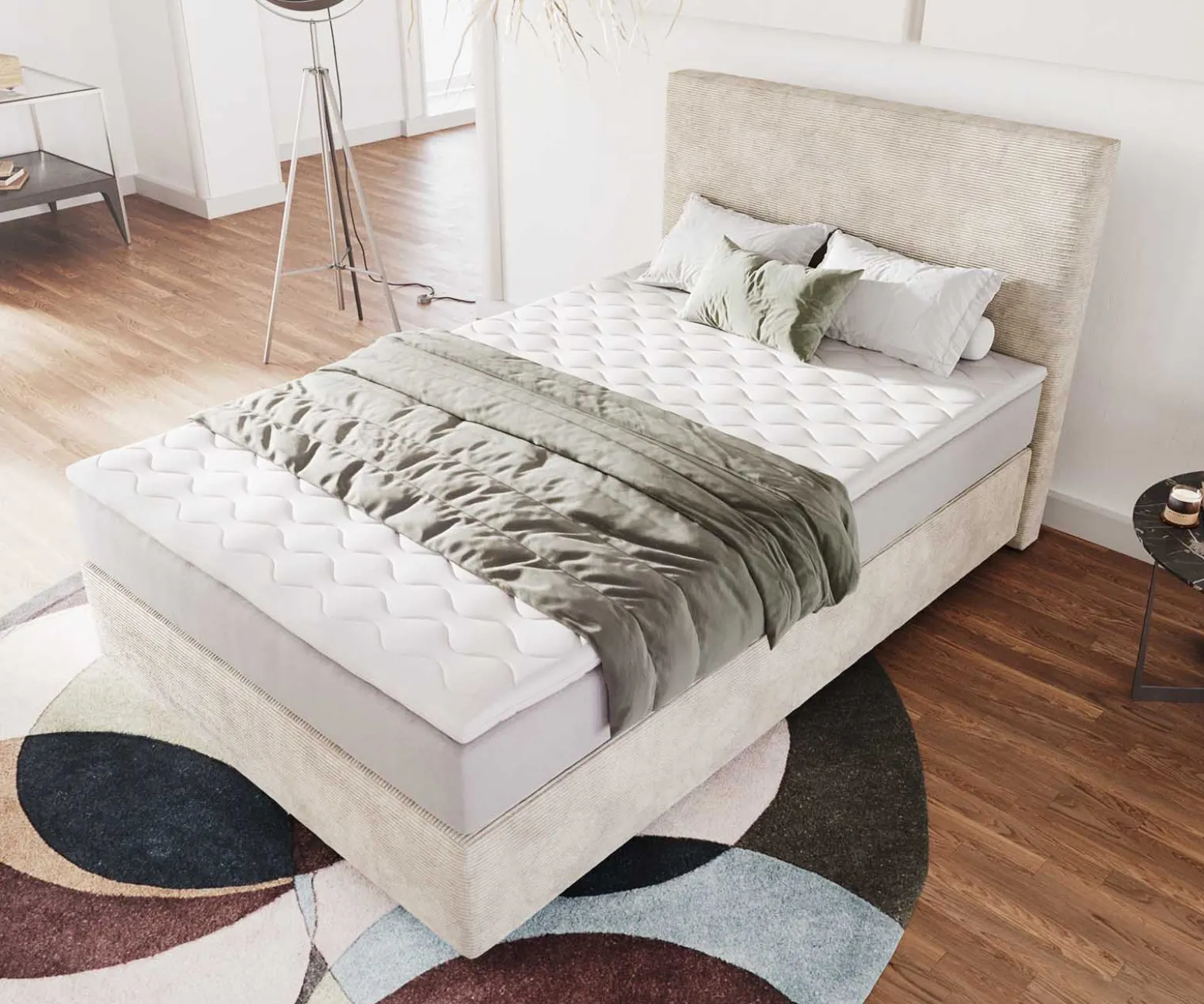 BoxspringbettDream-Well 120x200 cm Cord Beige mit Taschenfederkernmatratze und Topper Visco Sofort versandfertig