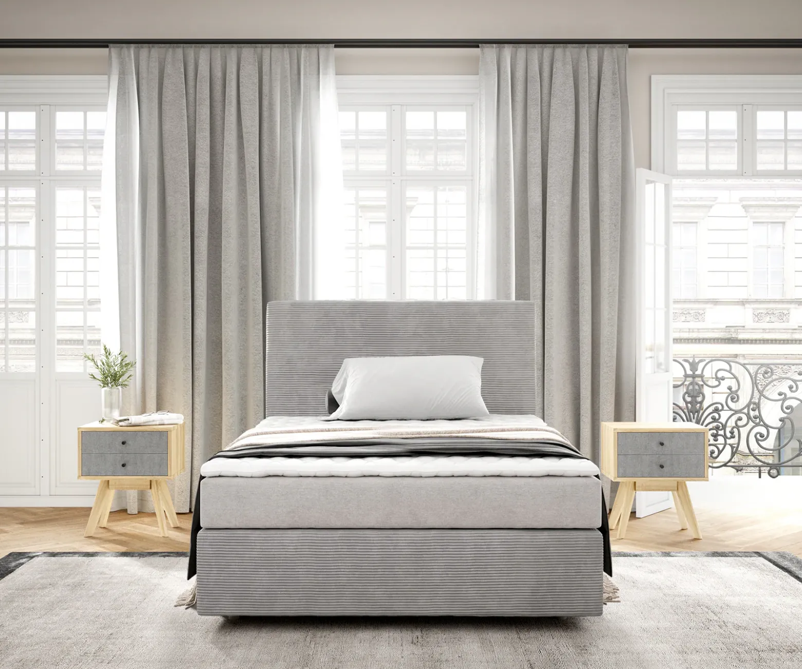 BoxspringbettDream-Well 120x200 cm Cord Silbergrau mit Matratze und Topper Sofort versandfertig