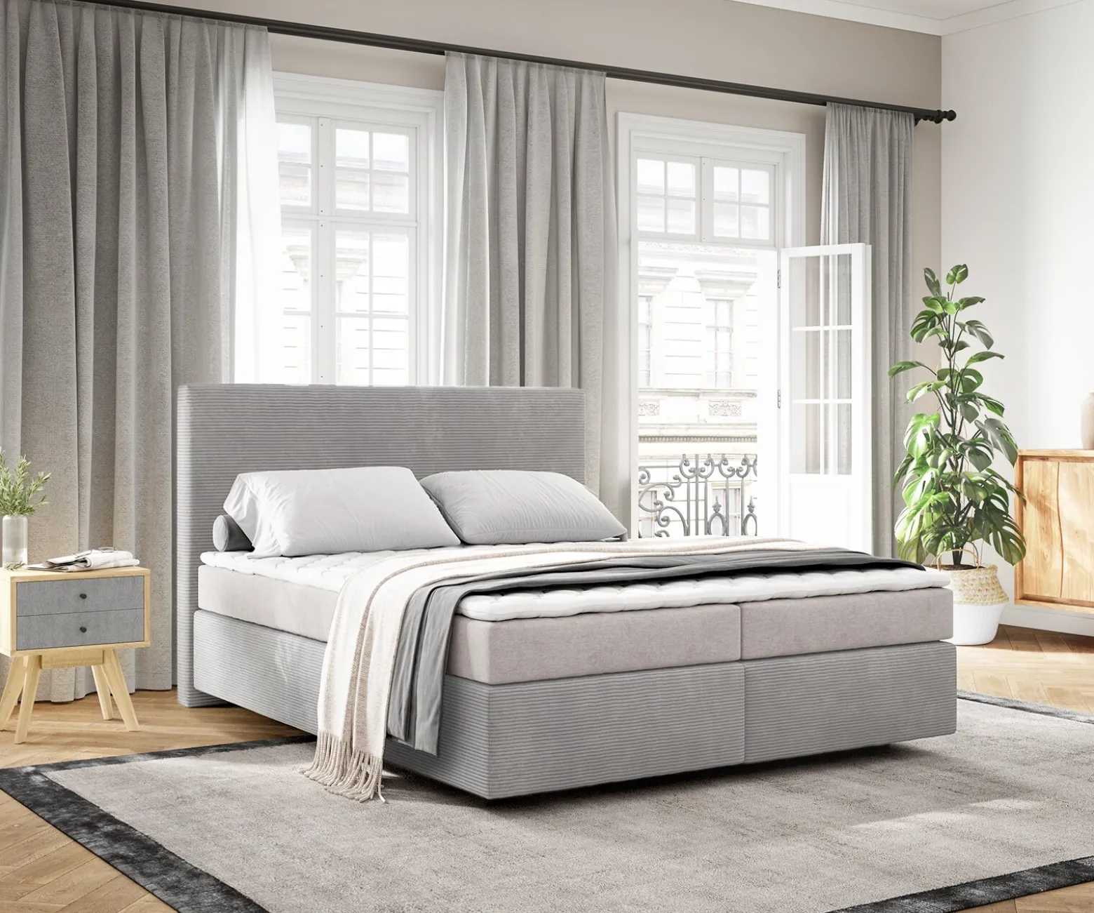 BoxspringbettDream-Well 160x200 cm Cord Silbergrau mit Matratze und Topper Sofort versandfertig
