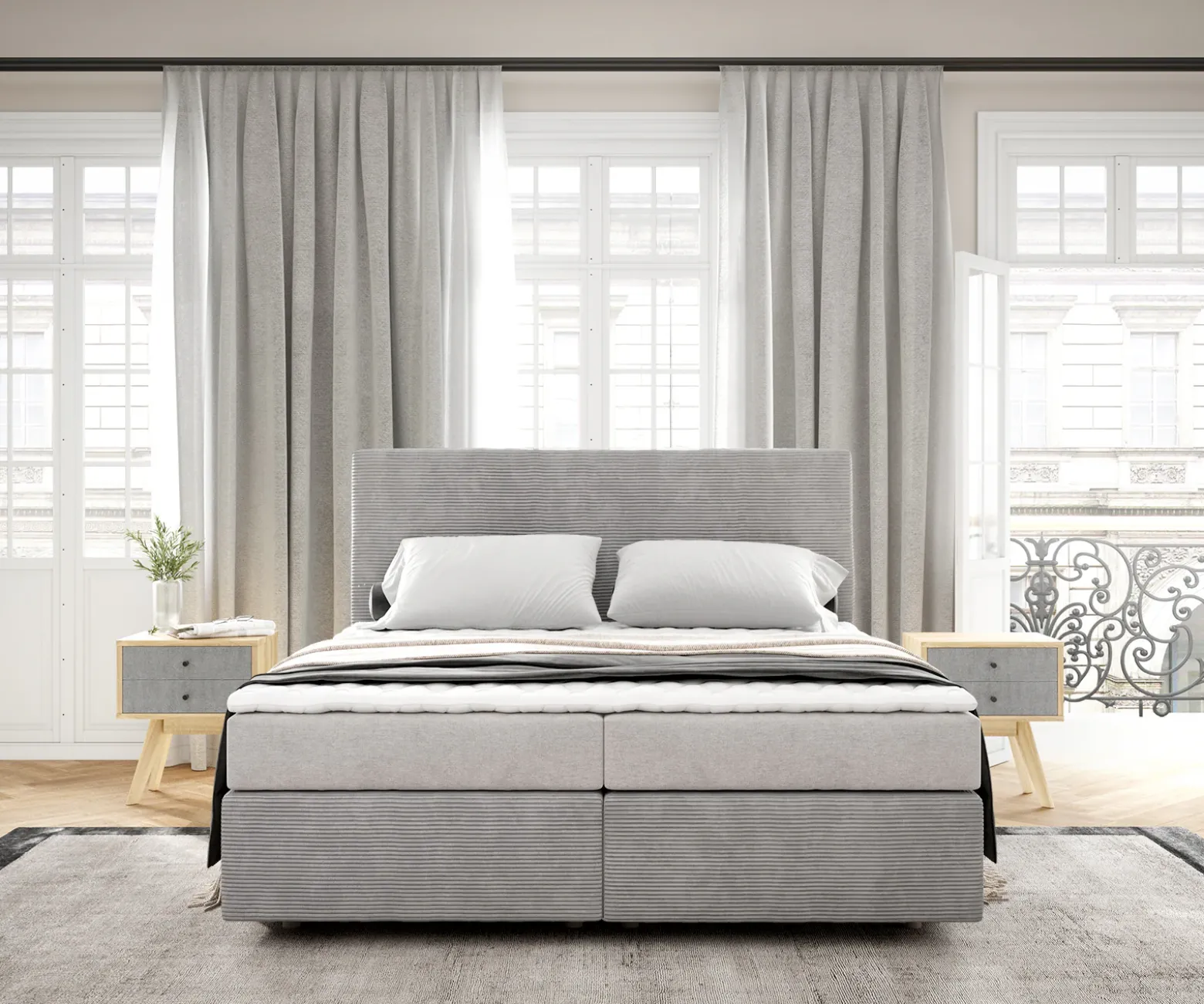 BoxspringbettDream-Well 160x200 cm Cord Silbergrau mit Matratze und Topper Sofort versandfertig