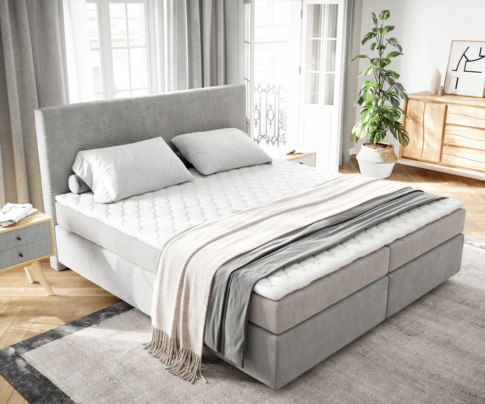 BoxspringbettDream-Well 160x200 cm Cord Silbergrau mit Matratze und Topper Sofort versandfertig