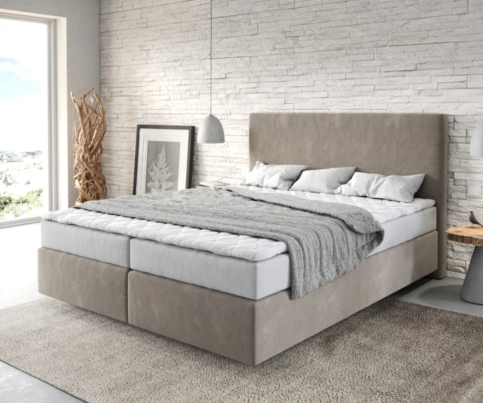 BoxspringbettDream-Well 160x200 cm Mikrofaser Beige mit Matratze und Topper Sofort versandfertig