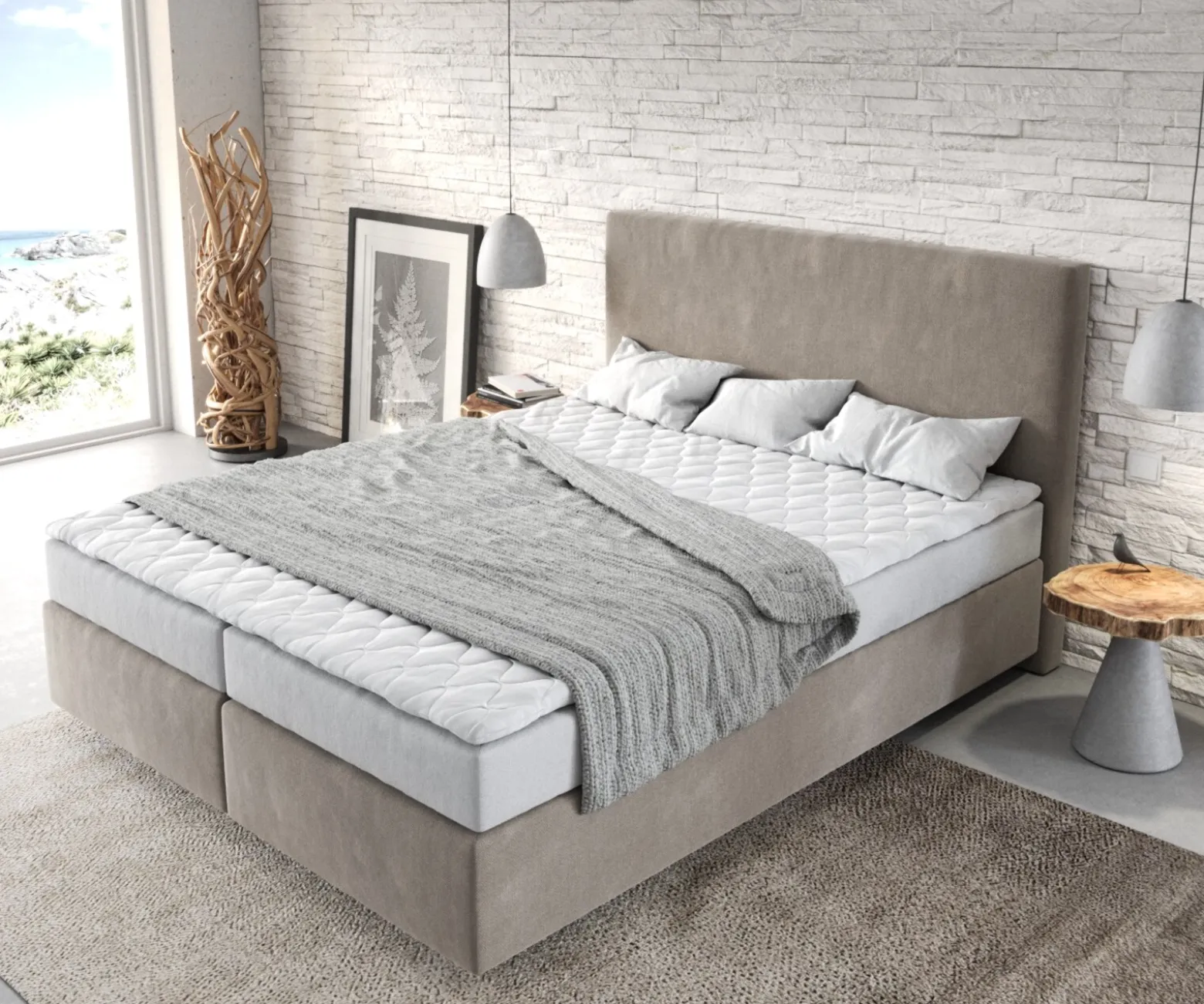 BoxspringbettDream-Well 160x200 cm Mikrofaser Beige mit Matratze und Topper Sofort versandfertig