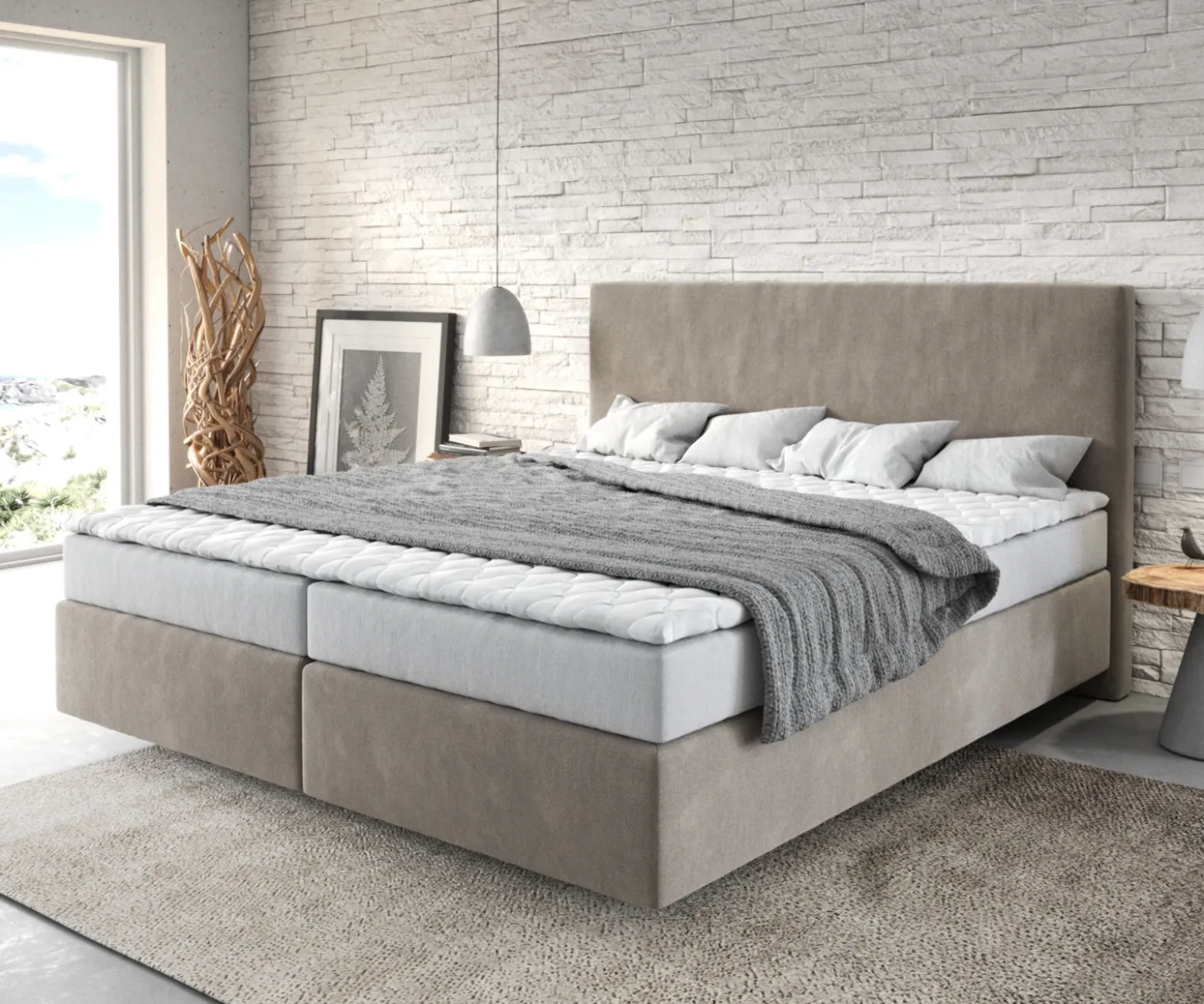 BoxspringbettDream-Well 180x200 cm Mikrofaser Beige mit Matratze und Topper Sofort versandfertig